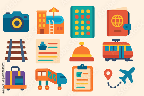 Travel and tourism flat icon set. vacation, trip planning, airline booking collection