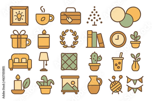Decorative illustrations of cozy home elements showcasing warmth and creativity in a whimsical design
