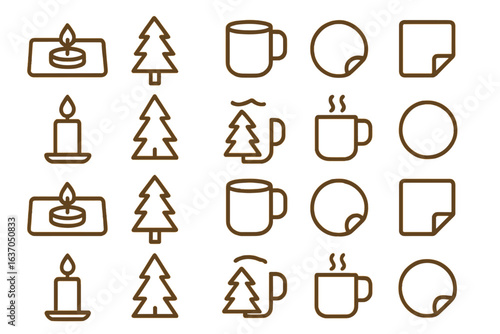 Holiday-themed icons featuring candles, trees, and mugs for seasonal decor and design inspiration
