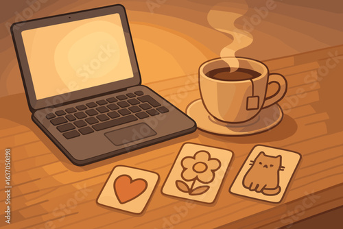 Warm workspace with a steaming cup of coffee and creative cards on a wooden table during a quiet afternoon
