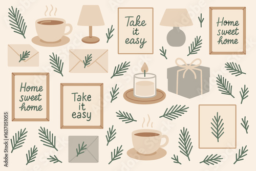 Cozy home decor elements featuring cups, frames, and greenery for a warm atmosphere