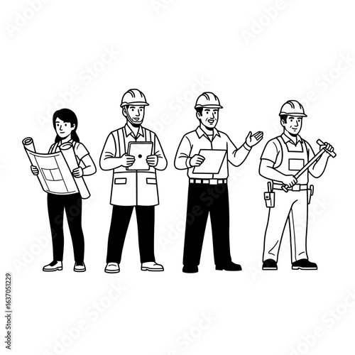 A diverse team of construction workers, including a woman, stand together, holding blueprints, tablets, and tools, ready to collaborate on a new building project.