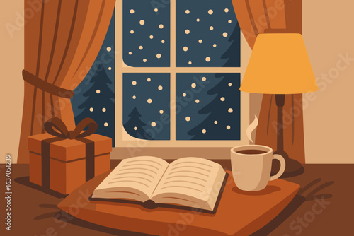 Cozy winter evening by the window with a warm drink, a book, and a gift box