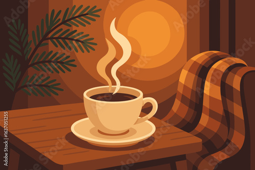 Cozy coffee cup on a wooden table next to a warm blanket with sunlight streaming in through a window