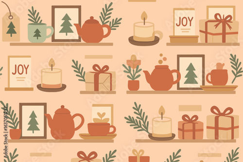 Cozy holiday decor with festive elements adorning a warm background featuring tea accessories, gifts, and botanical motifs
