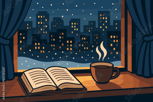 Cozy evening with a warm drink and a book while snow falls outside an urban apartment window