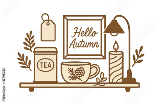 Cozy autumn decor with tea, candle, and warm ambiance on a wooden shelf