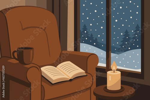 Cozy reading nook by the window with snowfall and warm ambiance during winter evenings