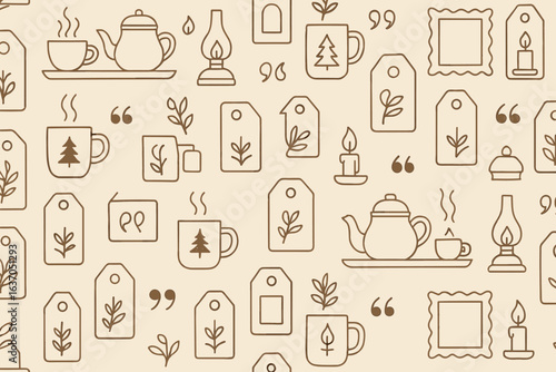 Cozy elements of tea and nature featuring teapots, cups, and decorative tags in a soothing beige background