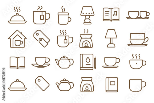 Warm and cozy home elements featuring cups, teapots, and reading materials perfect for a peaceful afternoon at home