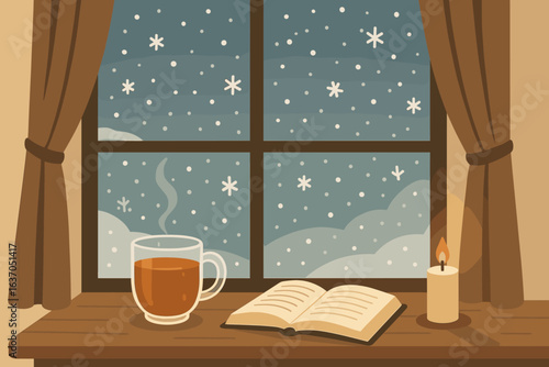 Cozy winter setting with steaming drink, open book, and candlelight by a snow-covered window