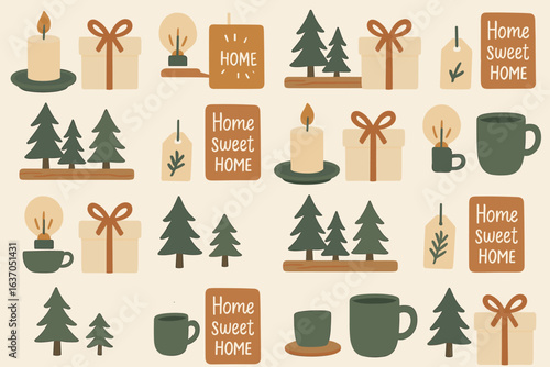Cozy home decor elements featuring candles, trees, and warm sentiments for a welcoming atmosphere