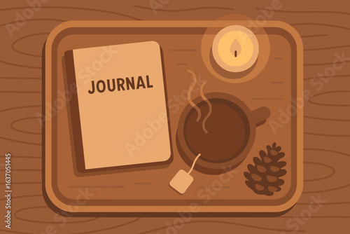 Cozy setting with journal, tea, and candle on wooden tray during a peaceful evening