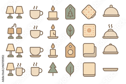 Decorative icons featuring lamps, candles, coffee cups, and more in a cozy indoor setting