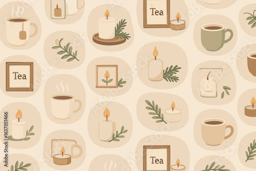Pattern of cozy elements with tea and candles for warm ambiance in home decor