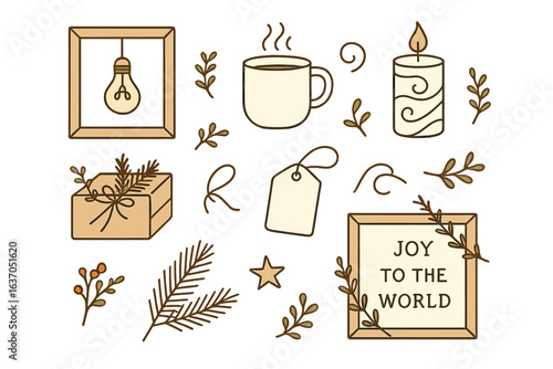 Festive home decor elements featuring holiday themes, cozy vibes, and warm colors on a neutral background