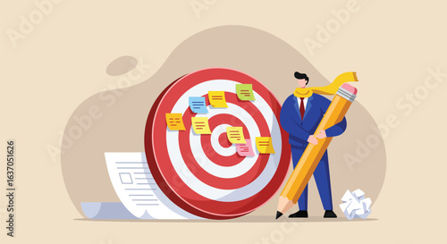  Setting a business goal concept. A man with a giant pencil places sticky notes on a target, symbolizing strategic planning, objective setting, and a plan for success.