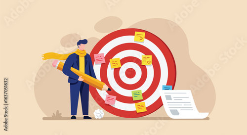  Setting a business goal concept. A man with a giant pencil places sticky notes on a target, symbolizing strategic planning, objective setting, and a plan for success.