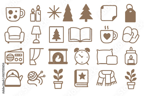 Cozy home elements featuring warm drinks, soft furnishings, and seasonal decorations