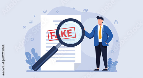 Fake news or fraud detection concept. A man with a magnifying glass examines a document with a 'FAKE' stamp, symbolizing the verification of information or debunking misinformation.