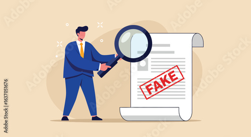 Fake news or fraud detection concept. A man with a magnifying glass examines a document with a 'FAKE' stamp, symbolizing the verification of information or debunking misinformation.