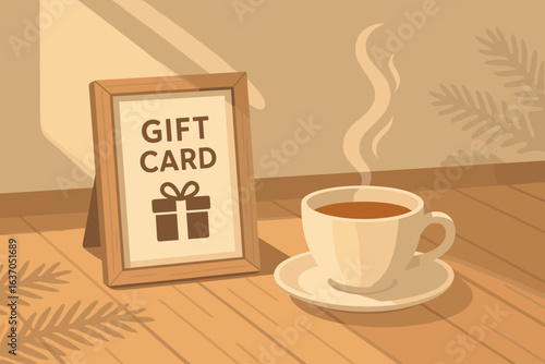Gift card displayed near a steaming cup of coffee on a wooden table with soft sunlight filtering through