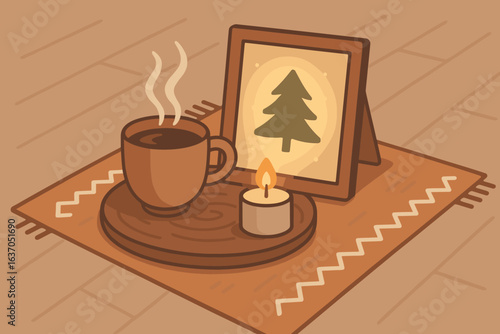 Warm cup of coffee and candlelight create cozy ambiance in winter setting with festive decorations