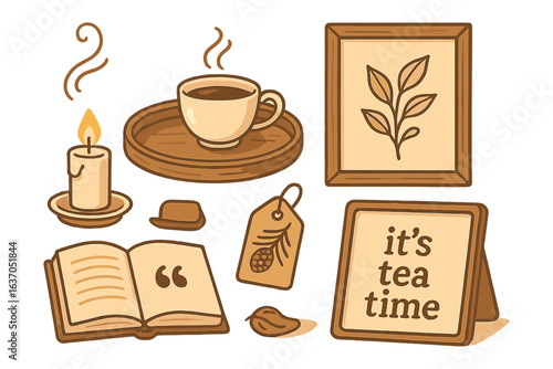 Cozy tea time arrangement with a cup, candle, and decorative elements on a wooden table