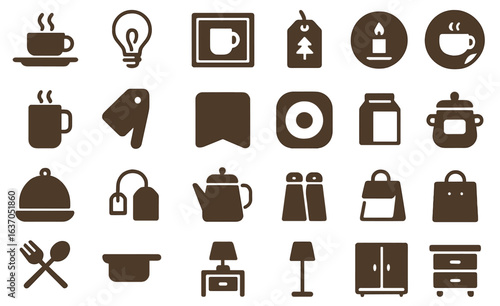 Collection of cozy kitchen and dining icons featuring beverages and household items in a simple design