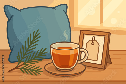 Cozy indoor setting with a cup of tea, a decorative pillow, and a framed tag near a window during a sunny afternoon