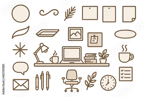 Office workspace layout featuring a computer, coffee, books, and decorative items for an organized environment