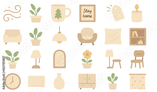 Decorative interior elements and cozy home accessories arranged in a minimalist style with plants and furniture
