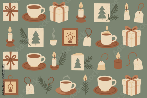 Holiday-themed patterns featuring cups, gifts, candles, and trees for cozy winter decoration
