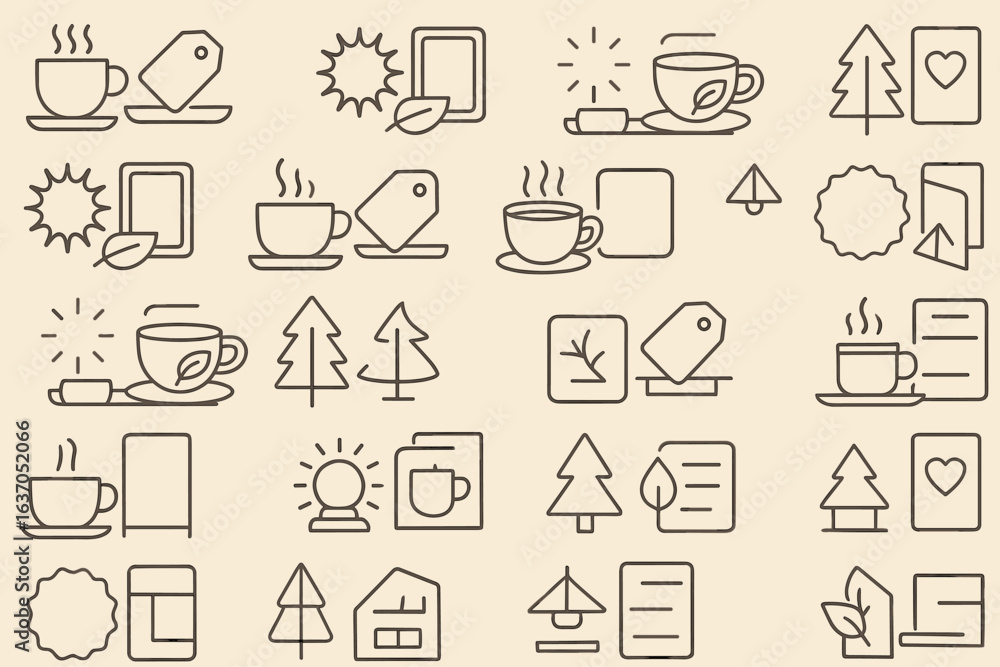 Fototapeta premium Background pattern featuring various tea and coffee icons with nature elements created in a minimalist style