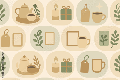 Decorative pattern featuring cozy elements like tea, candles, and gifts in soft pastel tones for home decor inspiration