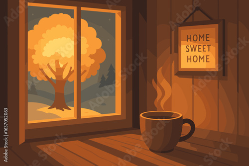 Warm autumn evening at home with a steaming mug and a cozy window view of a golden tree