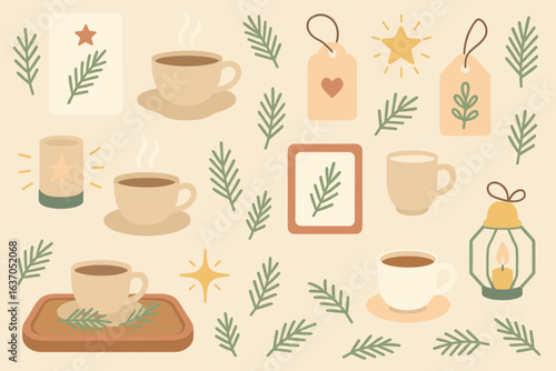 Cozy winter cafe decor featuring warm drinks, decorative tags, and botanical elements for a festive atmosphere