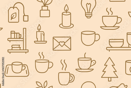 Cozy and inviting patterns featuring coffee cups, candles, and nature elements in a warm color palette