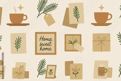 Cozy home decor featuring warm mugs and botanical artwork in a soft color palette