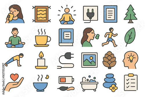 Wellness and relaxation symbols depicting mindfulness and self-care activities in a calming environment