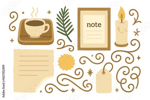 Warm cup of coffee with decorative elements and note reflects cozy home atmosphere in an artistic arrangement