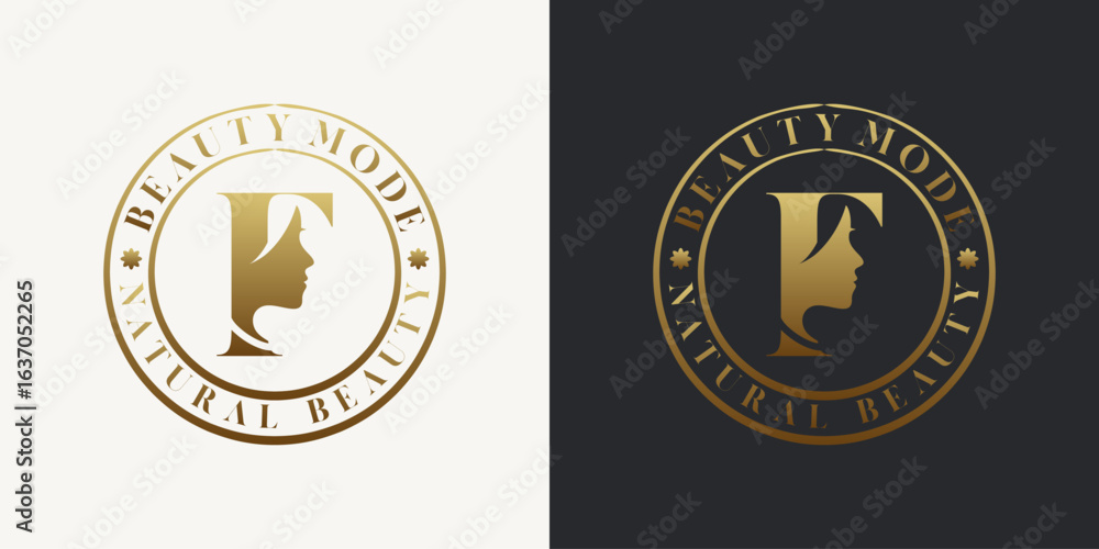 Naklejka premium Elegant letter F logo featuring a woman's face silhouette in a gold gradient circular badge design. Ideal for beauty, fashion, skincare, and luxury branding.