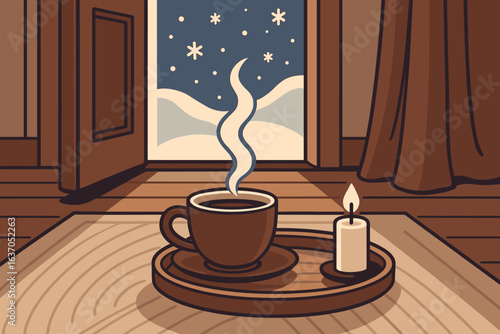 Warm cup of coffee and candle on a wooden table with snowy window view during winter evening