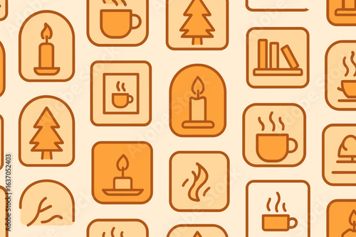 Patterns of cozy elements, featuring candles, coffee cups, and trees in warm tones for a comforting atmosphere