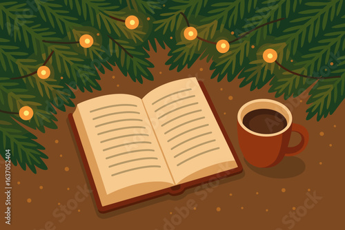 Festive reading scene with open book, coffee mug, and Christmas lights under pine branches on brown background