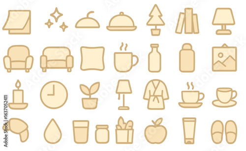 Cozy morning icon set on soft beige background – hygge lifestyle elements including tea, robe, candle, armchair, and breakfast items