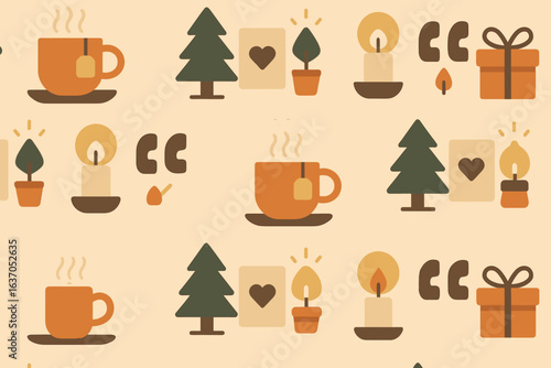Cozy winter pattern featuring tea, candles, and holiday decorations in warm colors