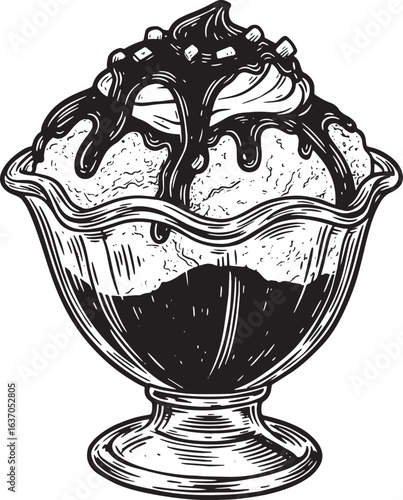 Delicious hot fudge sundae woodcut illustration in a classic gla