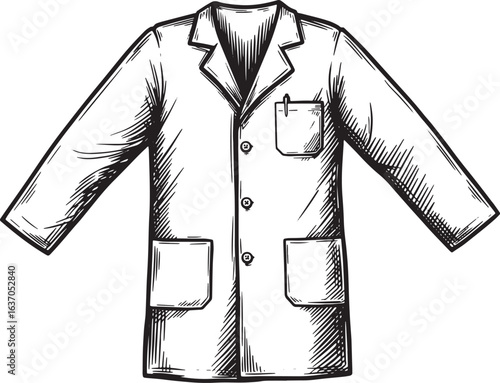 Detailed Woodcut Illustration of a Doctor's Lab Coat, isolated a