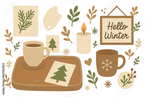 Cozy winter still life with coffee cups, seasonal decor, and warm colors celebrating the season in a comforting setting